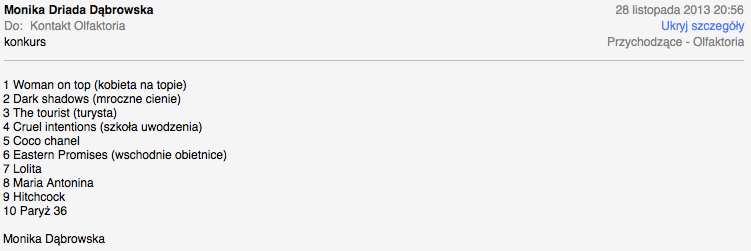 Konkurs filmowy - perfumy w filmach, odpowiedź konkursowa Monika Dąbrowsk
