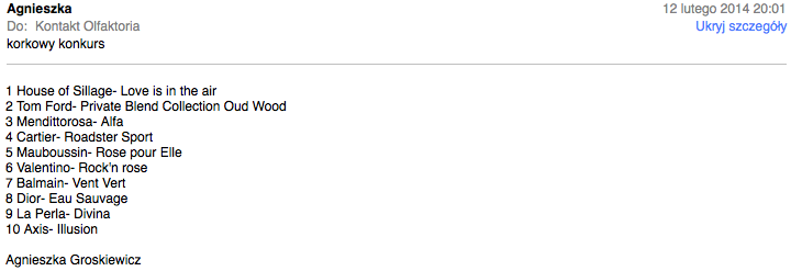 Konkurs - korki perfum. Odpowiedzi Agnieszki