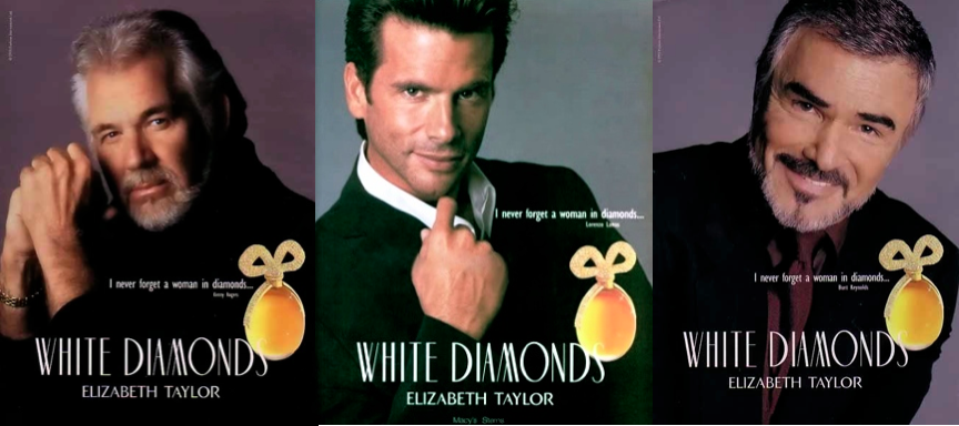 Mężczyźni reklamujący damskie perfumy: Kenny Rogers, Lorenzo Lamas i Burt Reynolds w reklamie perfum Elizabeth Taylor White Diamonds