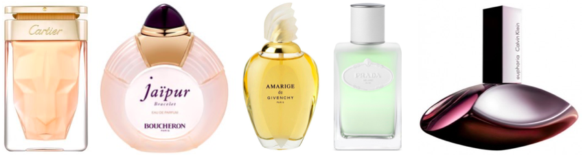 Ulubione perfumy Joanny Koroniewskiej (od lewej): Cartier La Panthère, Boucheron Jaïpur Bracelet, Givenchy Amarige, Prada Infusion d'Iris EDT, Calvin Klein Euphoria